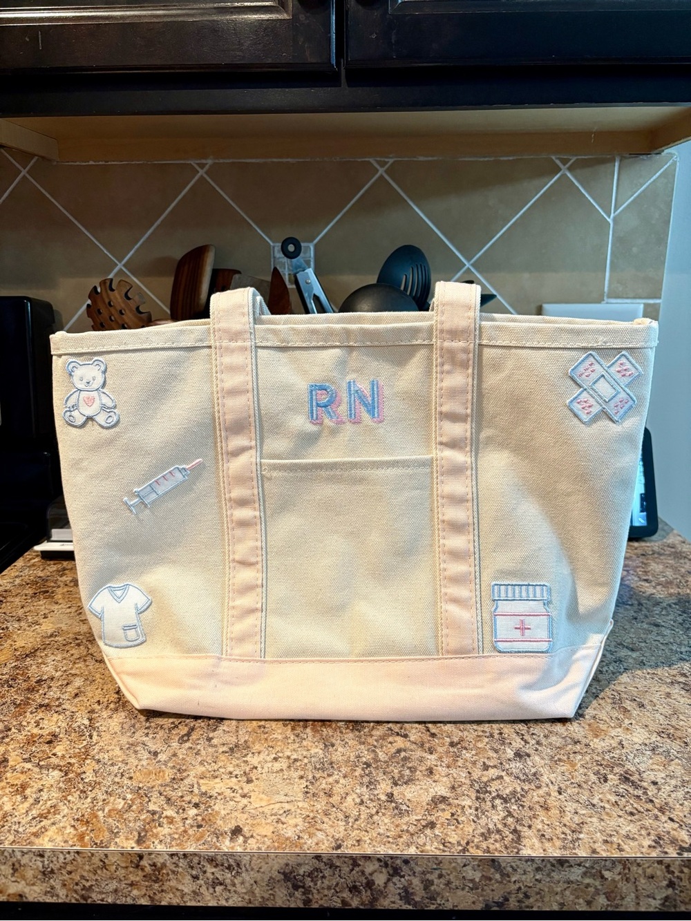 Embroidered RN Canvas Tote Bag in Light Pink/Cream